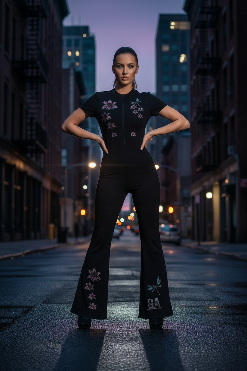 Gryptik Crowned Skull Women’s Tight Flared Leg Quarter-Zip Jumpsuit