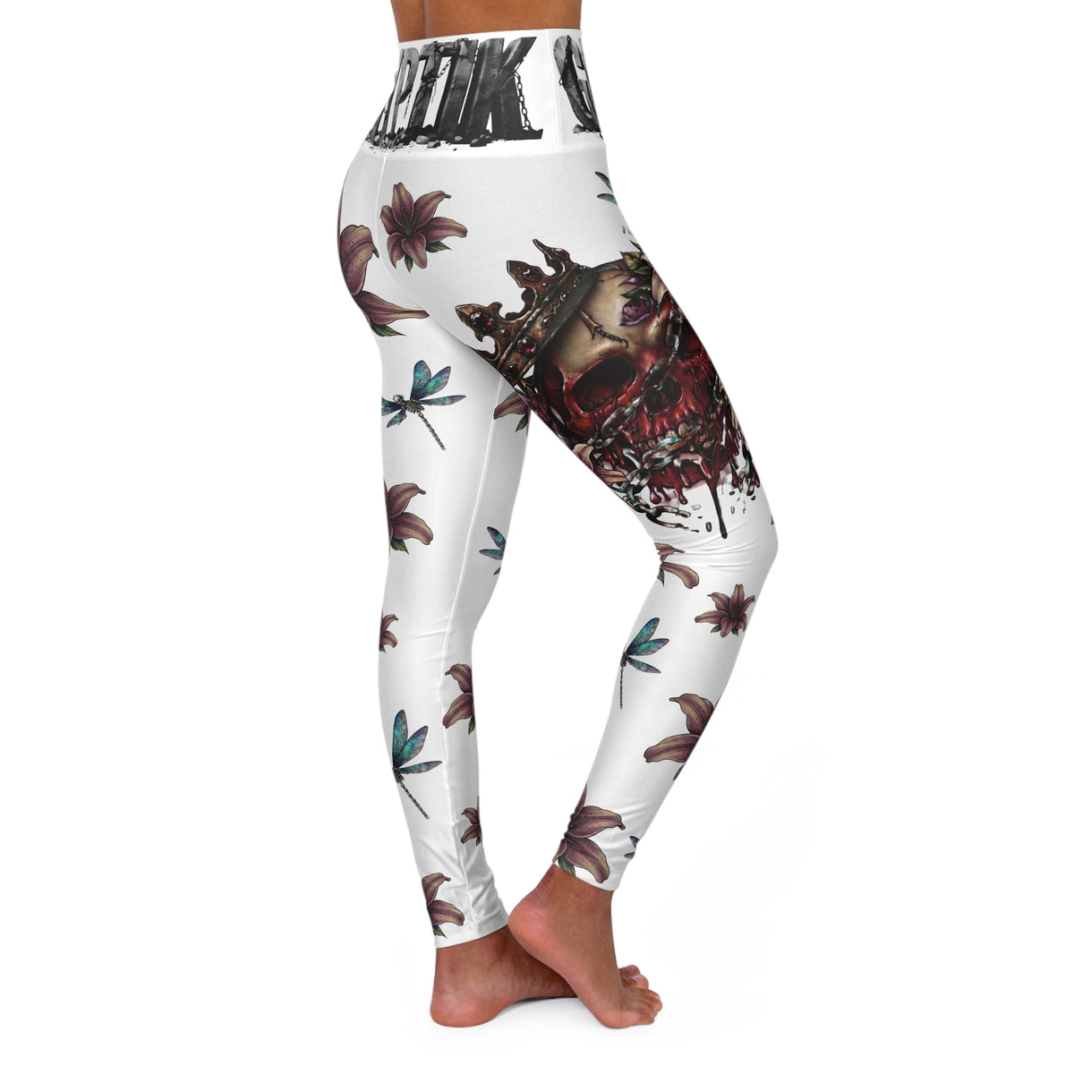 Gryptik Crowned Skull High-Waist Floral Dragonfly Yoga Leggings