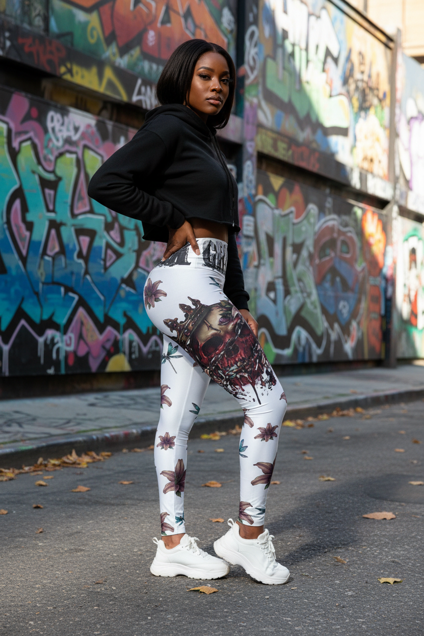 Gryptik Crowned Skull High-Waist Floral Dragonfly Yoga Leggings