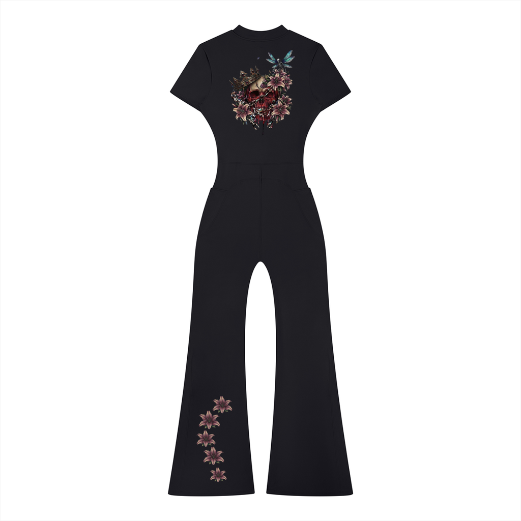 Gryptik Crowned Skull Women’s Tight Flared Leg Quarter-Zip Jumpsuit