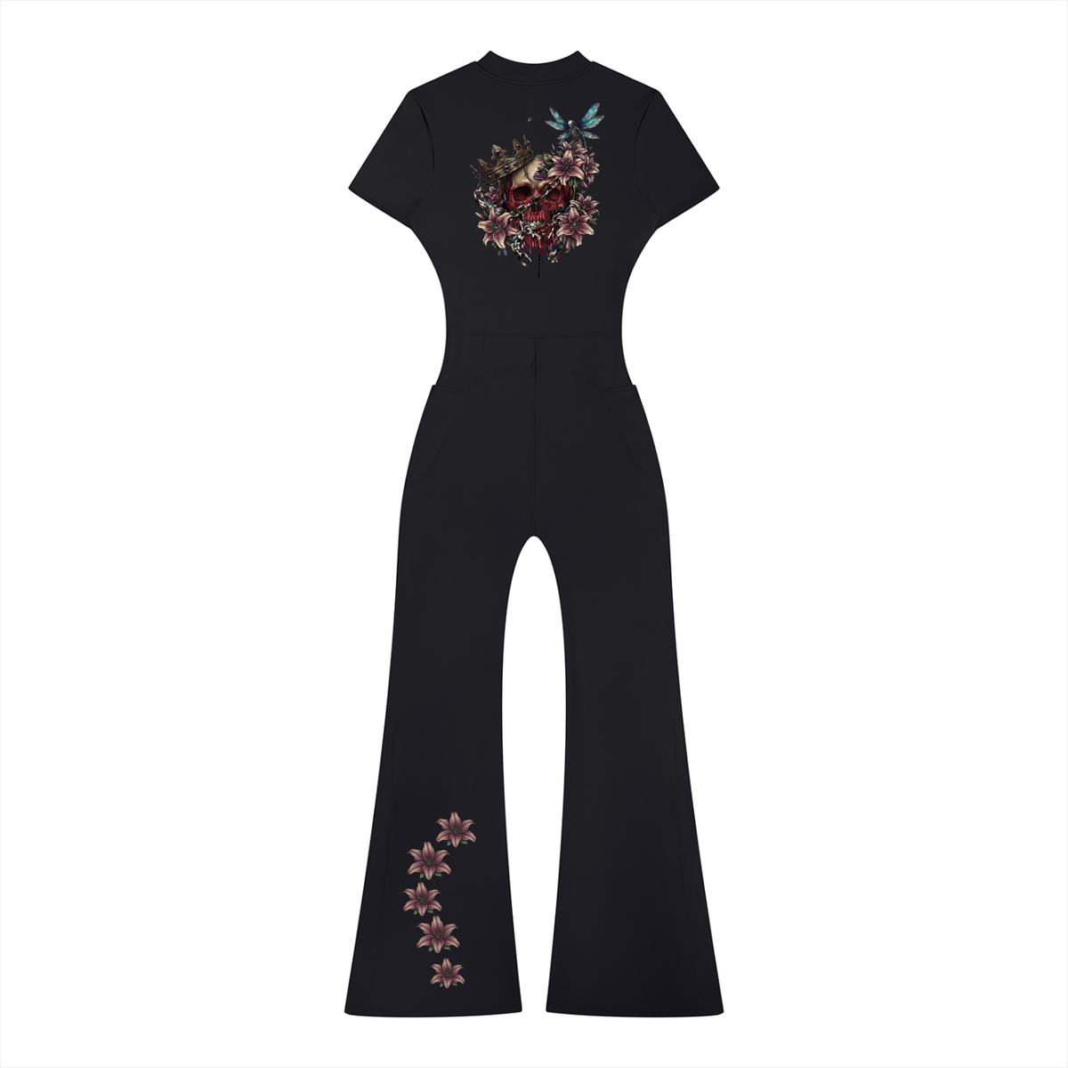 Gryptik Crowned Skull Women’s Tight Flared Leg Quarter-Zip Jumpsuit